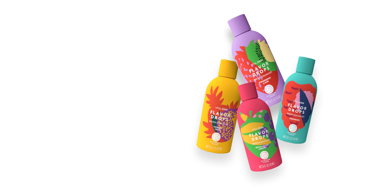 Tropical Fruit, Apple & Black Currant, Raspberry, and Strawberry & Kiwi Flavor Drops bottles with zero sugar, zero calories, and zero carbs